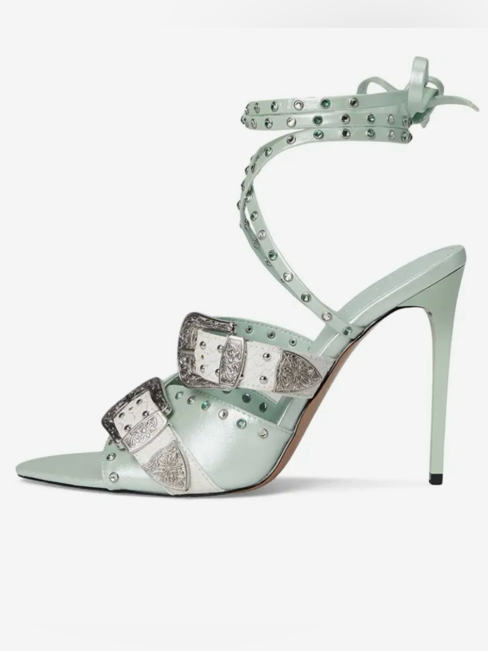 NEW STEVE MADDEN STUDDED METAL BUCKLE ANKLE WRAP STILETTOS IN MINT - Picture 14 of 15